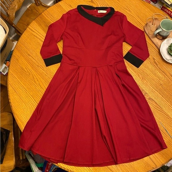 ReoRia Scarlet Red 50s Vintage Long Sleeve Large Pleated Dress - Picture 5 of 10